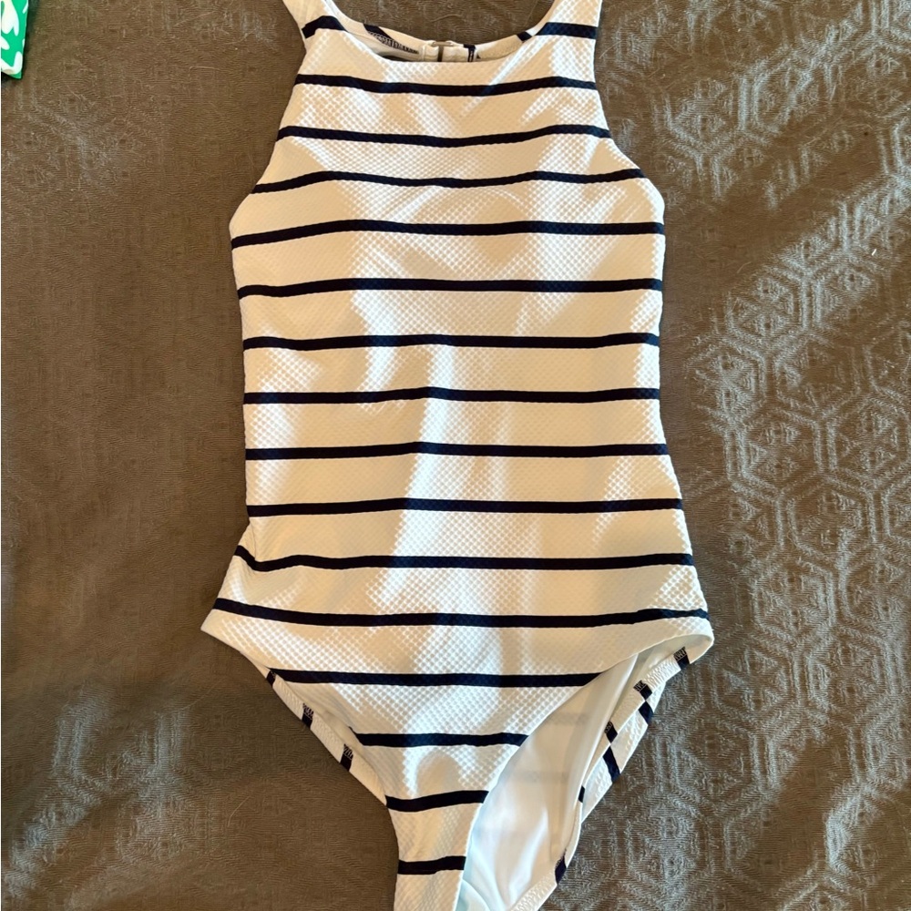 Striped White & Navy High-Neck One-Piece Swimsuit